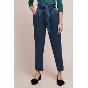 Anthropologie 4 Satin Tie Waist Pants Tapered Ankle Blue paper bag Silky ett:twa